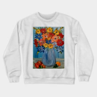 abstract vibrant colorful flowers in a glass vase with silver accent . Crewneck Sweatshirt